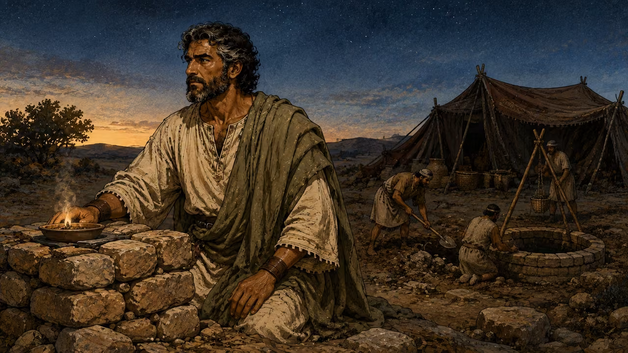 Isaac, in pale linen with an olive wrap and dark beard graying at temples, beside a simple newly built stone altar at Beersheba; his tents and servants digging a well behind him. Quiet night-to-dawn light, no visible deity.
