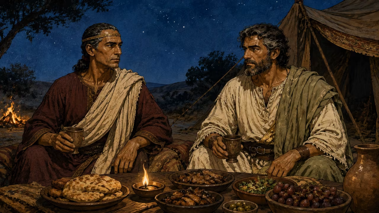 Isaac sharing a covenant meal with Abimelech and visitors beside the camp.