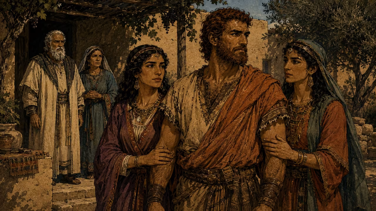 Adult Esau, rugged reddish-brown hair and beard, ochre and rust clothes, with his two fully clothed adult Hittite wives in an ancient household courtyard; Isaac and Rebekah watch gravely in the background. No invented wedding ritual or modern bridal clothing.