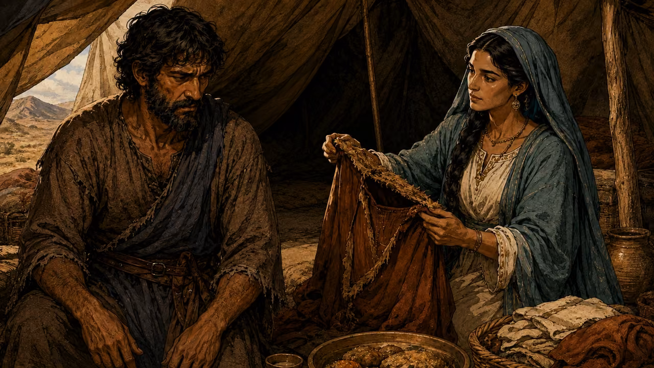 Rebekah preparing garments and food for Jacob inside a tent.