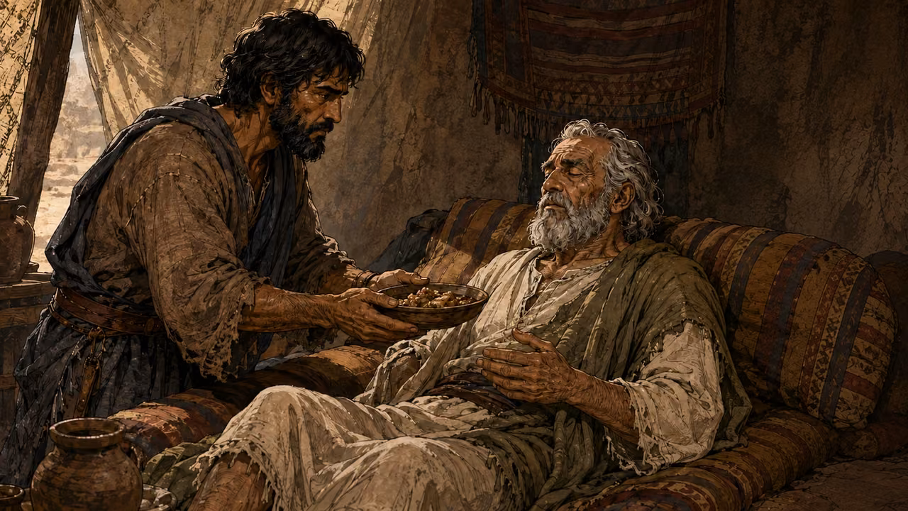 Jacob presenting food to blind elderly Isaac on a resting couch; Isaac's olive wrap and pale robe preserved.
