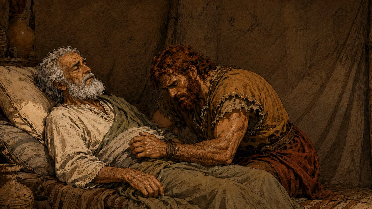 Esau grieving beside blind elderly Isaac after learning of the blessing.