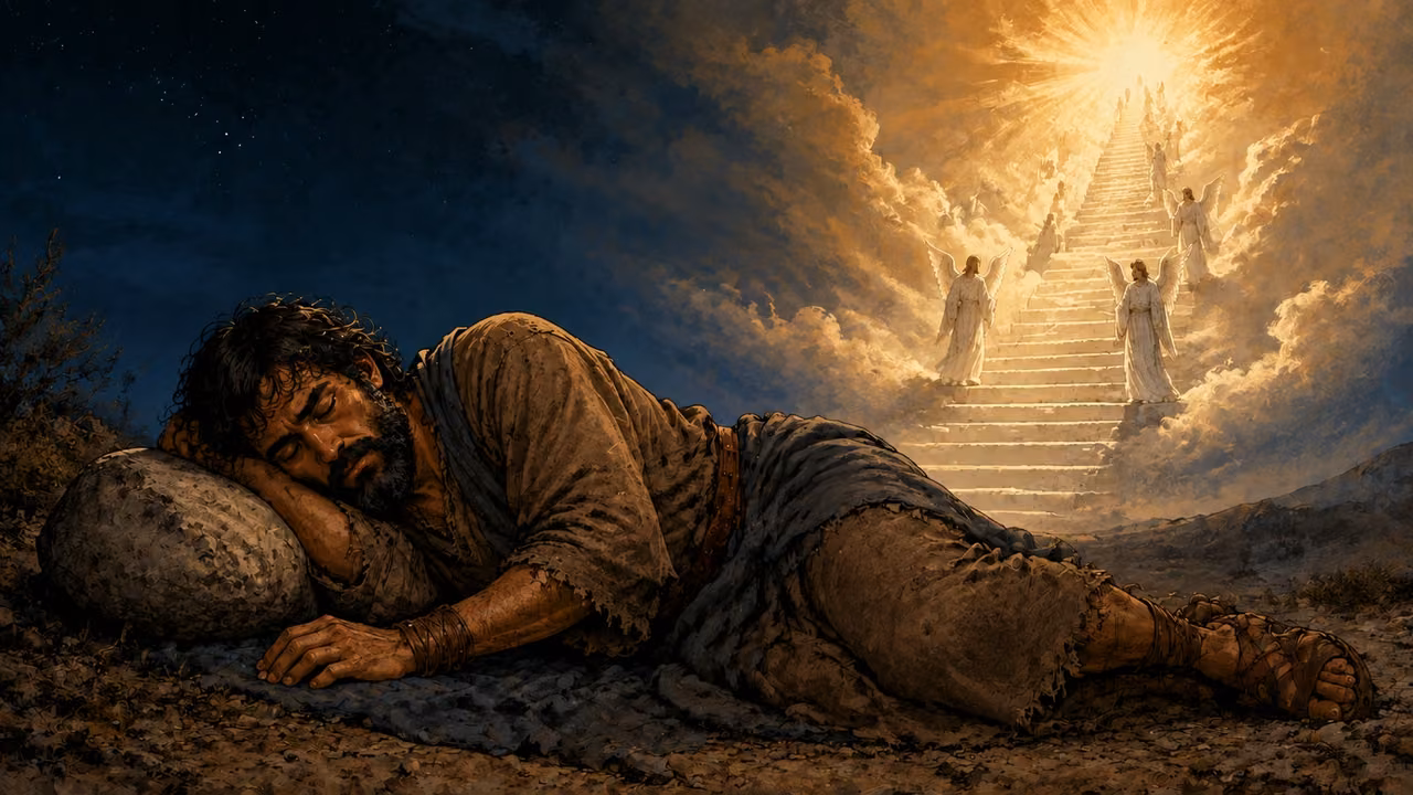 Jacob asleep with a stone beneath his head while a luminous dream stairway rises heavenward with small messenger figures; no wooden ladder.