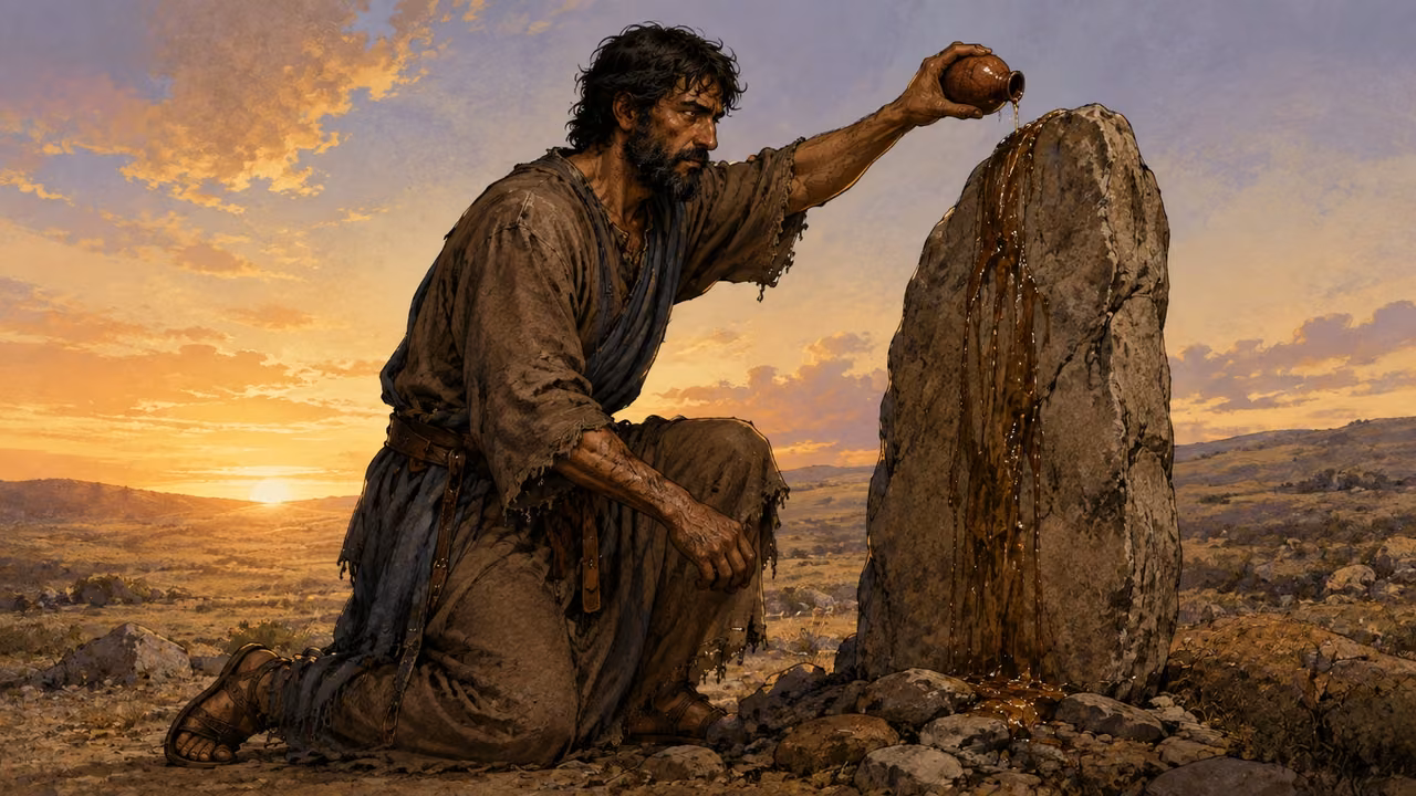 Jacob pouring oil onto the upright stone at dawn.
