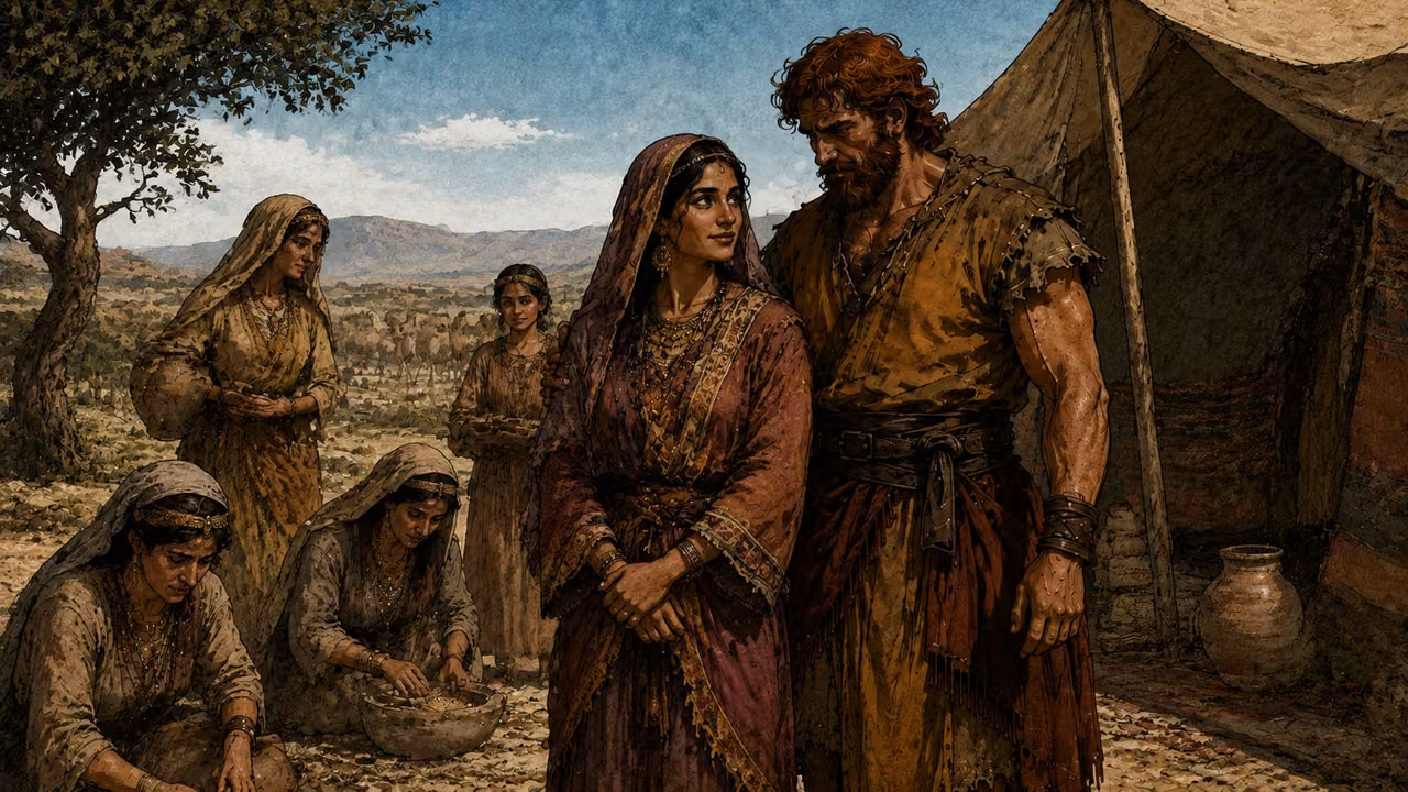 Adult Esau in rust and ochre, reddish-brown hair and beard, stands beside his adult new wife Mahalath and her household near desert tents. Dignified ordinary marriage household context, no invented ceremony; Jacob is absent.