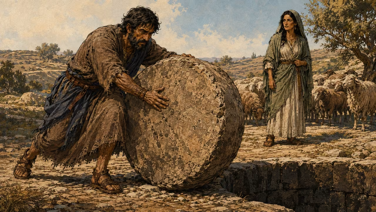Jacob rolls the stone from the well as Rachel waits with sheep.