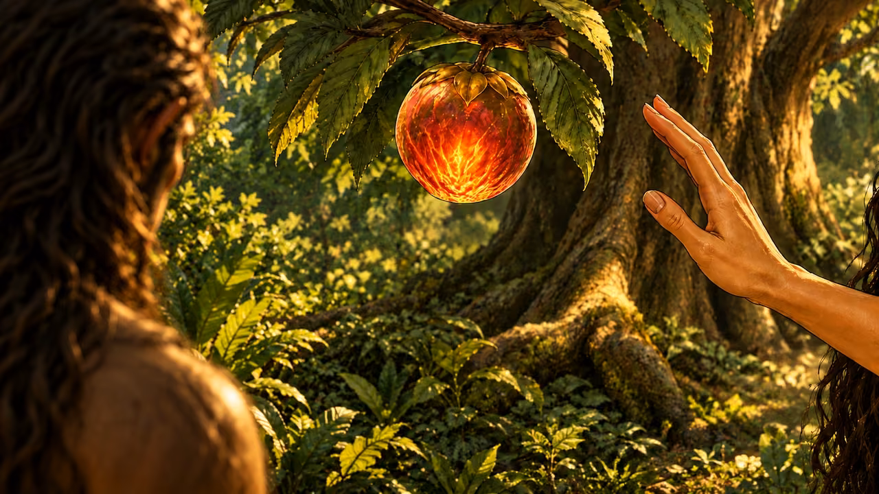 A hand stops short of the forbidden fruit.