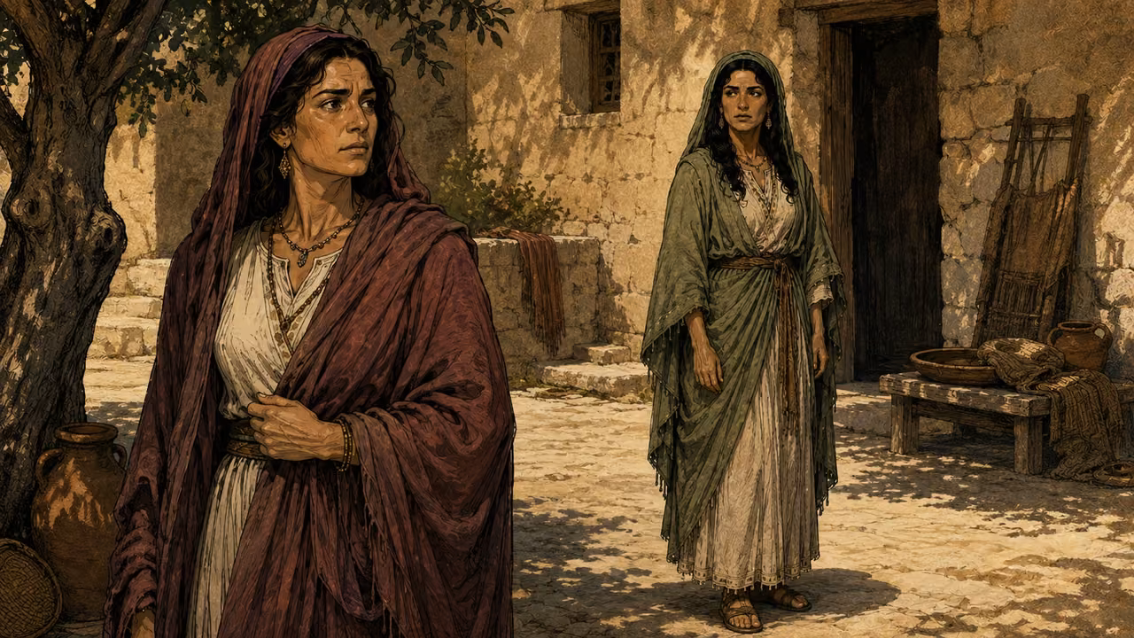 Rachel and Leah in separate positions in a shared courtyard, visible family tension and no sexual imagery.