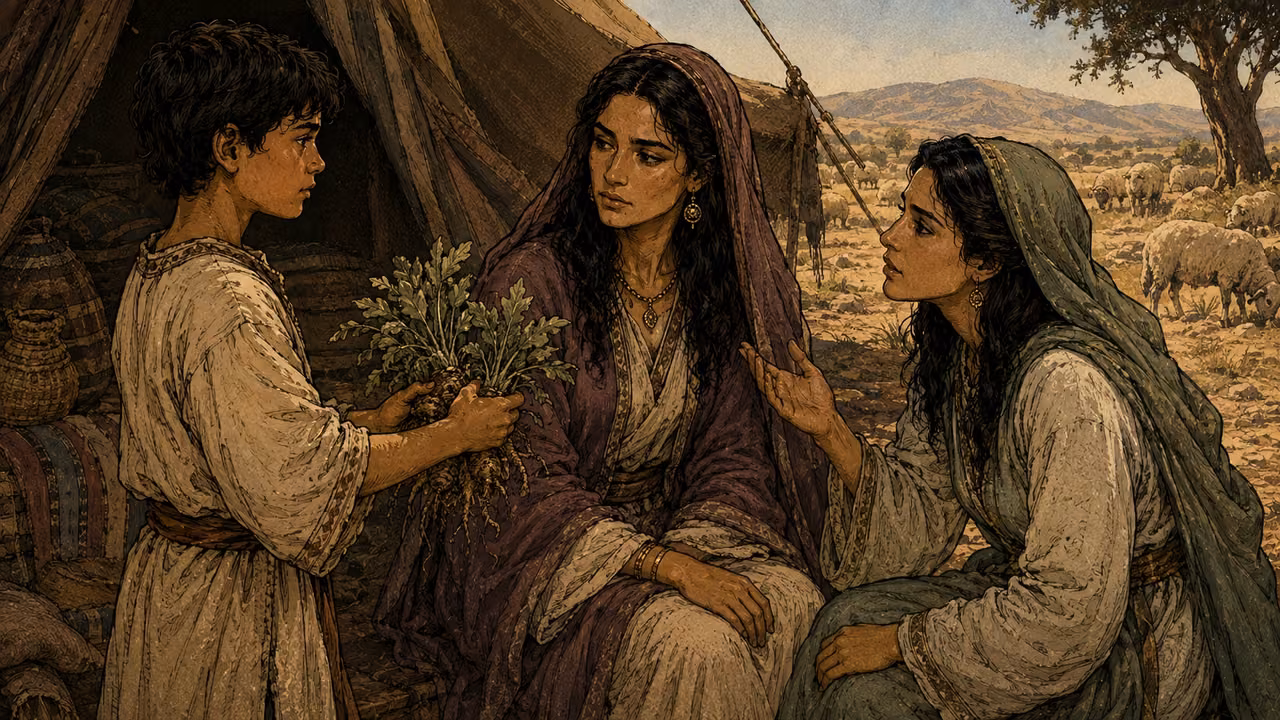 Young Reuben offers gathered mandrake plants to his mother Leah while Rachel asks her sister about them, outside pastoral tents. Leah wears muted plum and cream, Rachel muted teal and sand; tension restrained and dignified. No sexual imagery or magical glow.