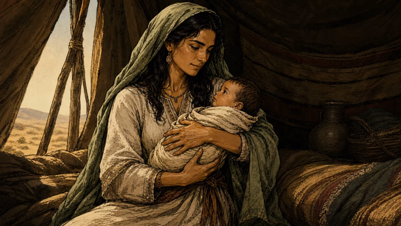Rachel cradling infant Joseph in a quiet tent.