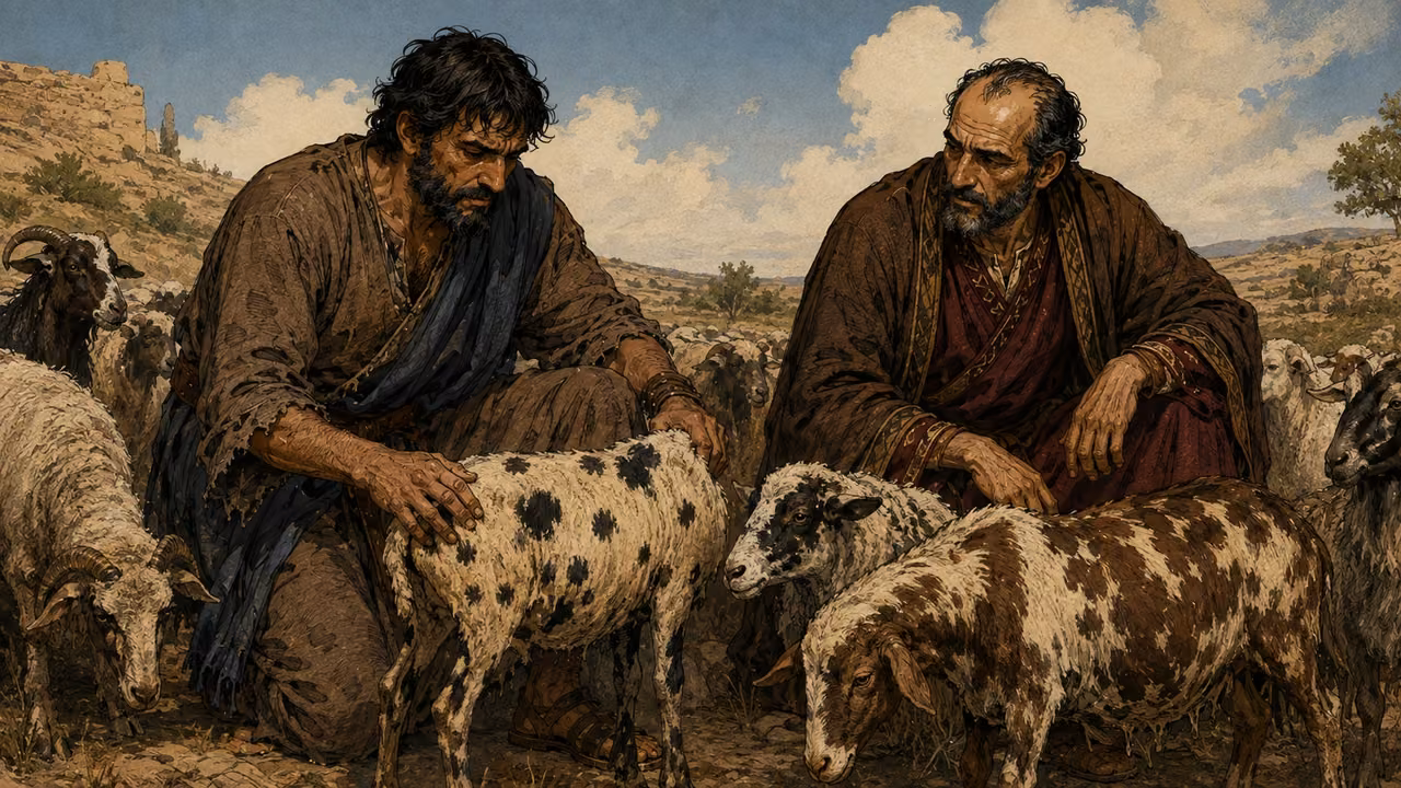 Jacob and Laban inspecting speckled and spotted animals in the flock.