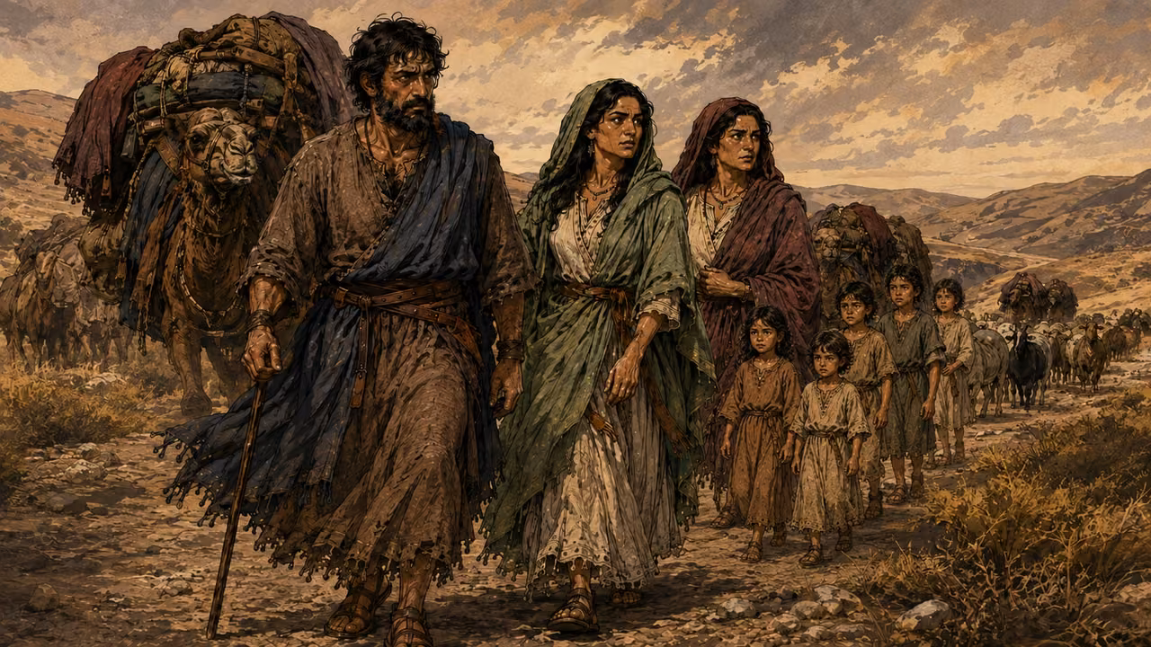 Jacob's household departing with children, loaded camels and flocks.