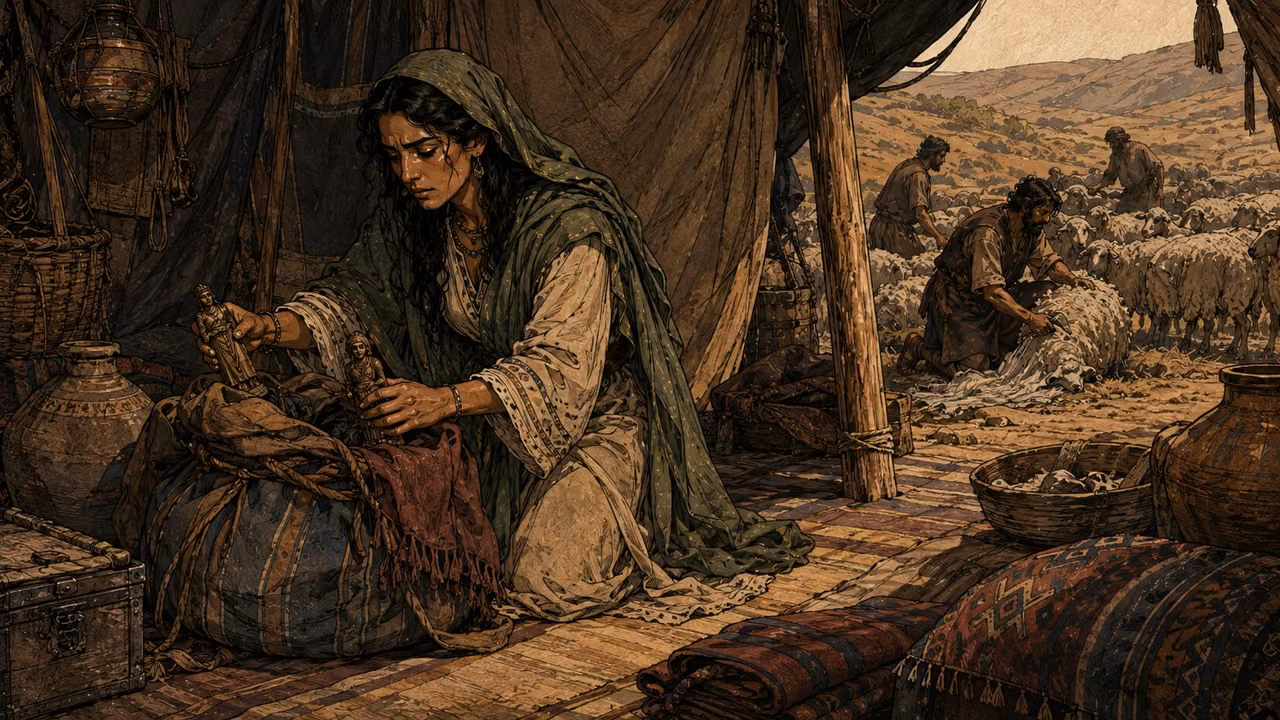 Rachel in muted teal and sand, fully clothed, quietly places two small household figurines into a travel bundle in Laban's tent while distant sheep-shearing work occupies the household. Tense private departure preparation, no magical effects.