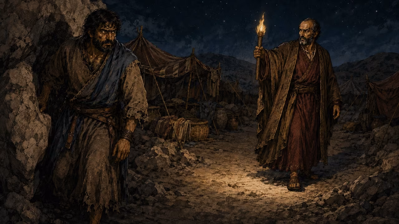 Laban searching the traveling camp while Jacob waits in tense frustration; no idol visible.