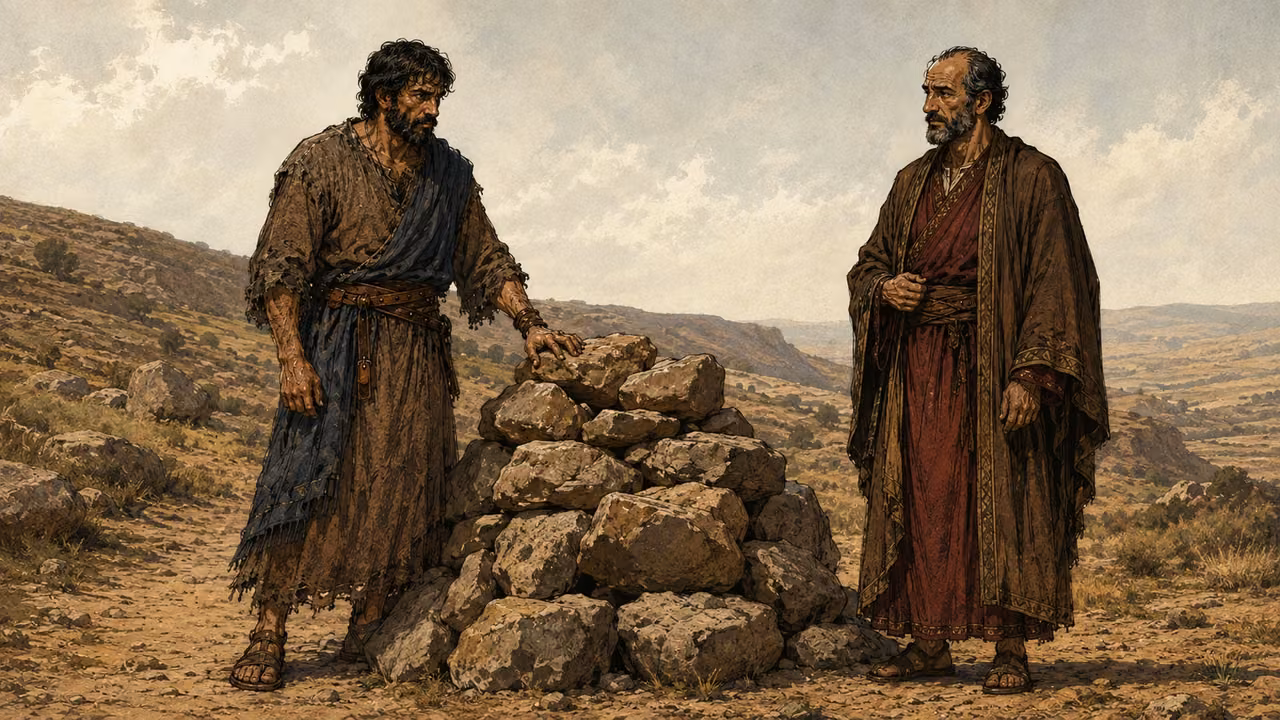 Jacob and Laban beside a newly gathered stone heap marking their agreement.