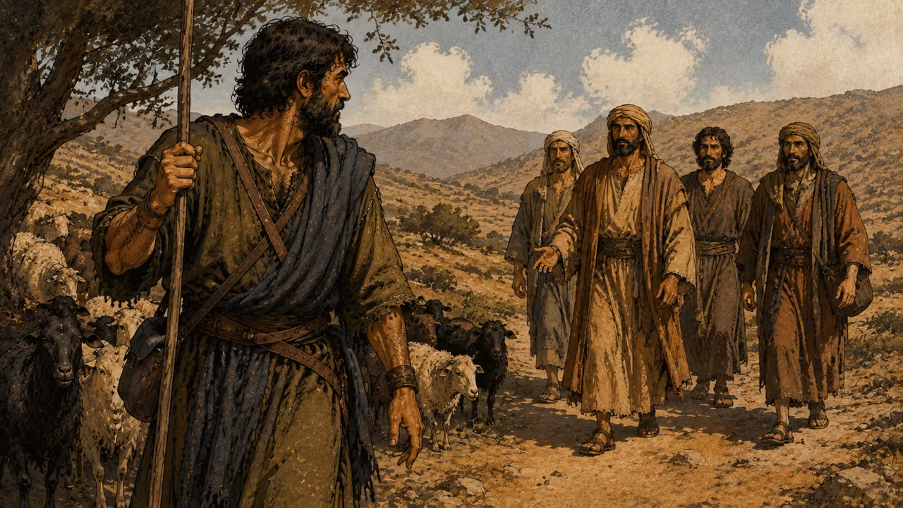 Jacob with dark wavy hair and a trimmed beard, olive and tan garments, pauses on the road as a small group of plainly clothed human-form messengers meets him. Quiet solemn presence, no wings, halos or glowing weapons.