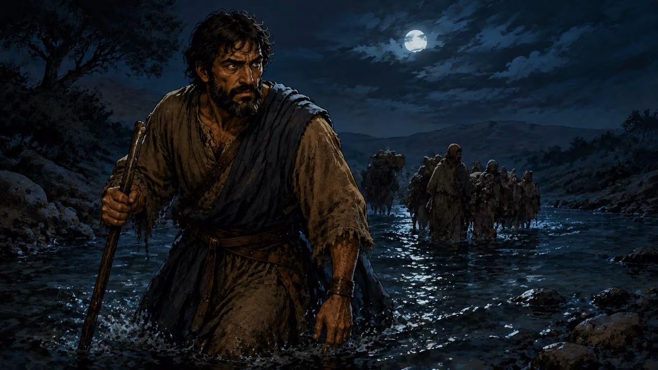 Jacob helping his household cross the Jabbok ford at night before he remains alone.