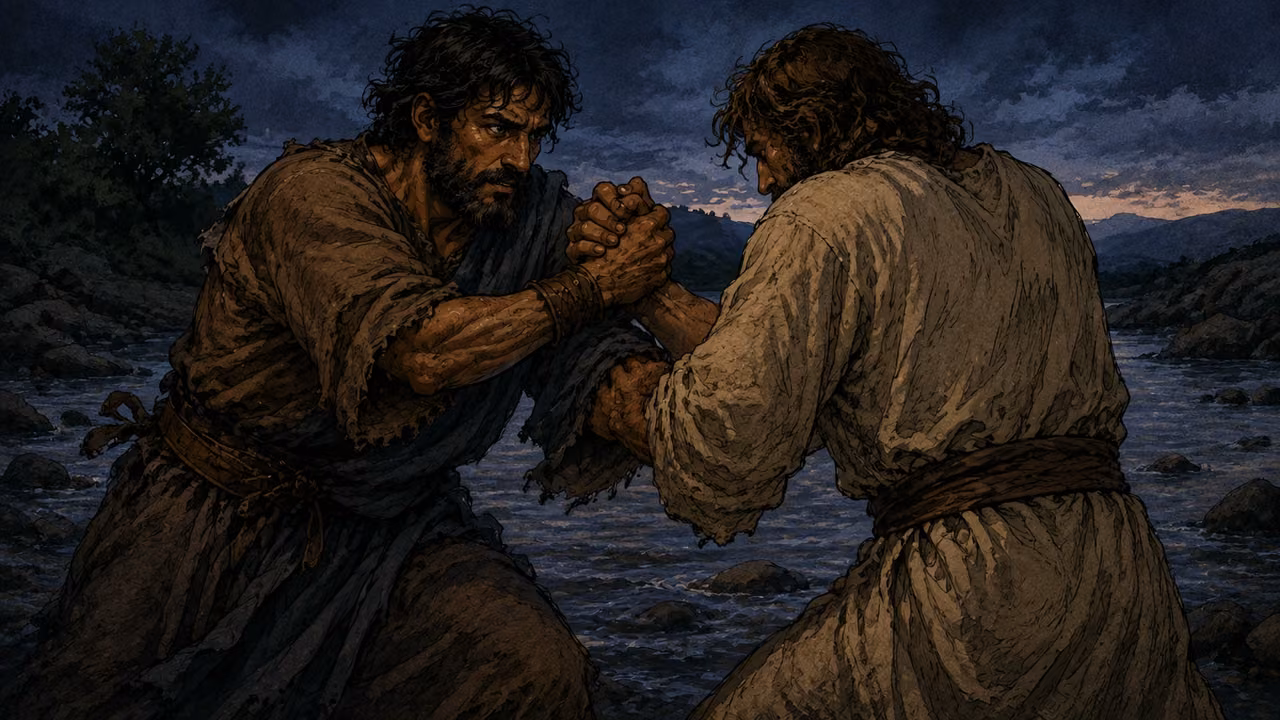 Jacob grappling with a plainly dressed mysterious man beside the Jabbok in the last darkness before dawn; no wings or halo.
