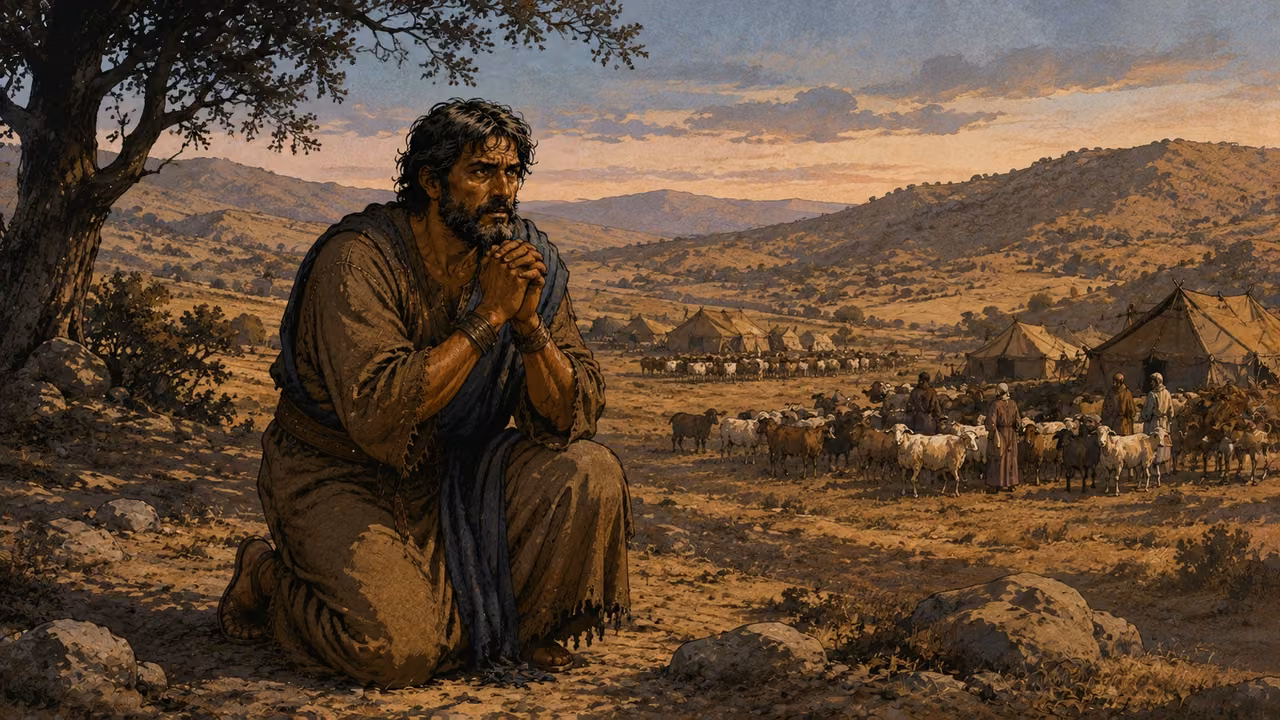 Jacob, dark wavy hair, trimmed beard, olive and tan garments, kneels alone in earnest prayer at the edge of his traveling camp, two groups of tents and flocks visible beyond. Fear before Esau's arrival, no visible deity.
