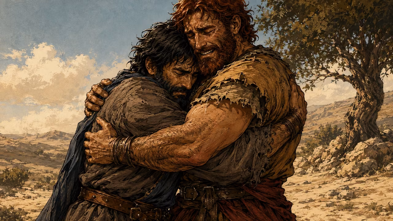 Esau embracing Jacob as both brothers weep.