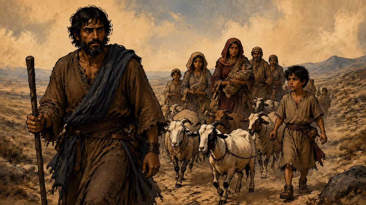 Jacob leading his family slowly with children and young livestock.