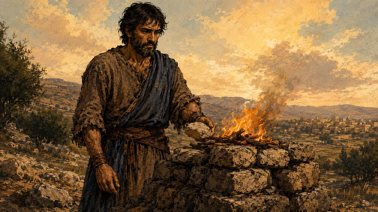 Jacob beside an altar near his newly acquired field outside Shechem.