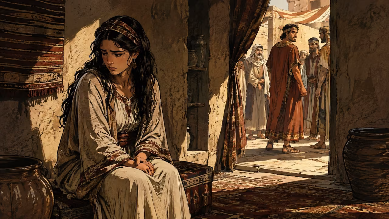 Dinah, fully clothed, seated apart in a household interior with a distressed expression; no assault depicted.