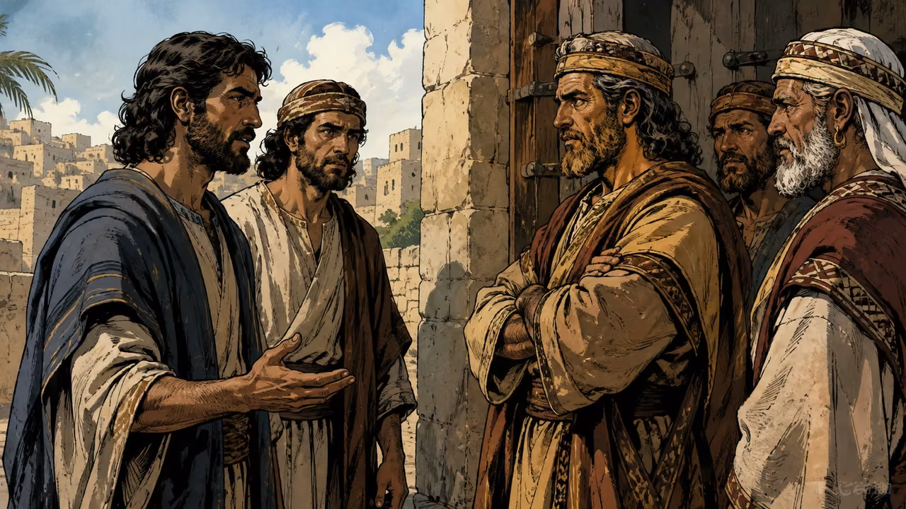 Two of Jacob's adult sons speaking with townsmen at a city gate, formal and tense.