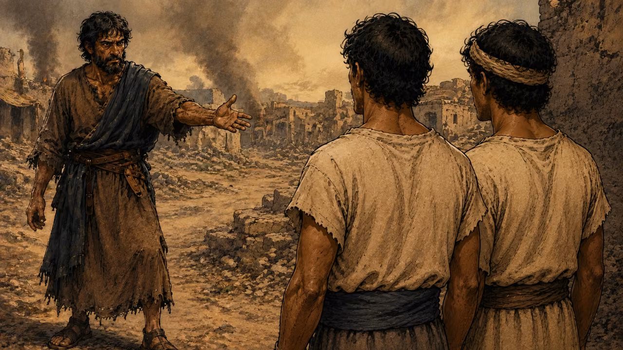 Jacob confronting his sons after the violence, distant smoke and abandoned streets rather than bodies.
