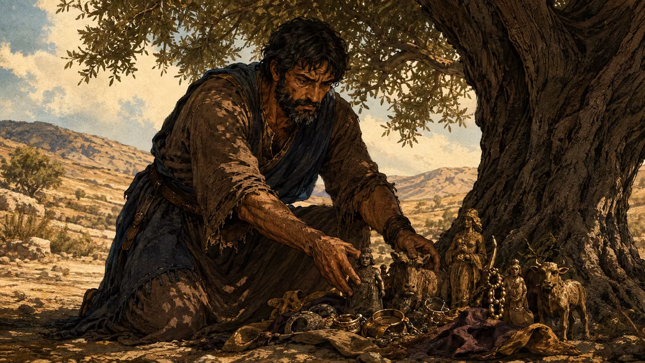 Jacob's household placing foreign ornaments and household gods beneath a tree before moving to Bethel.