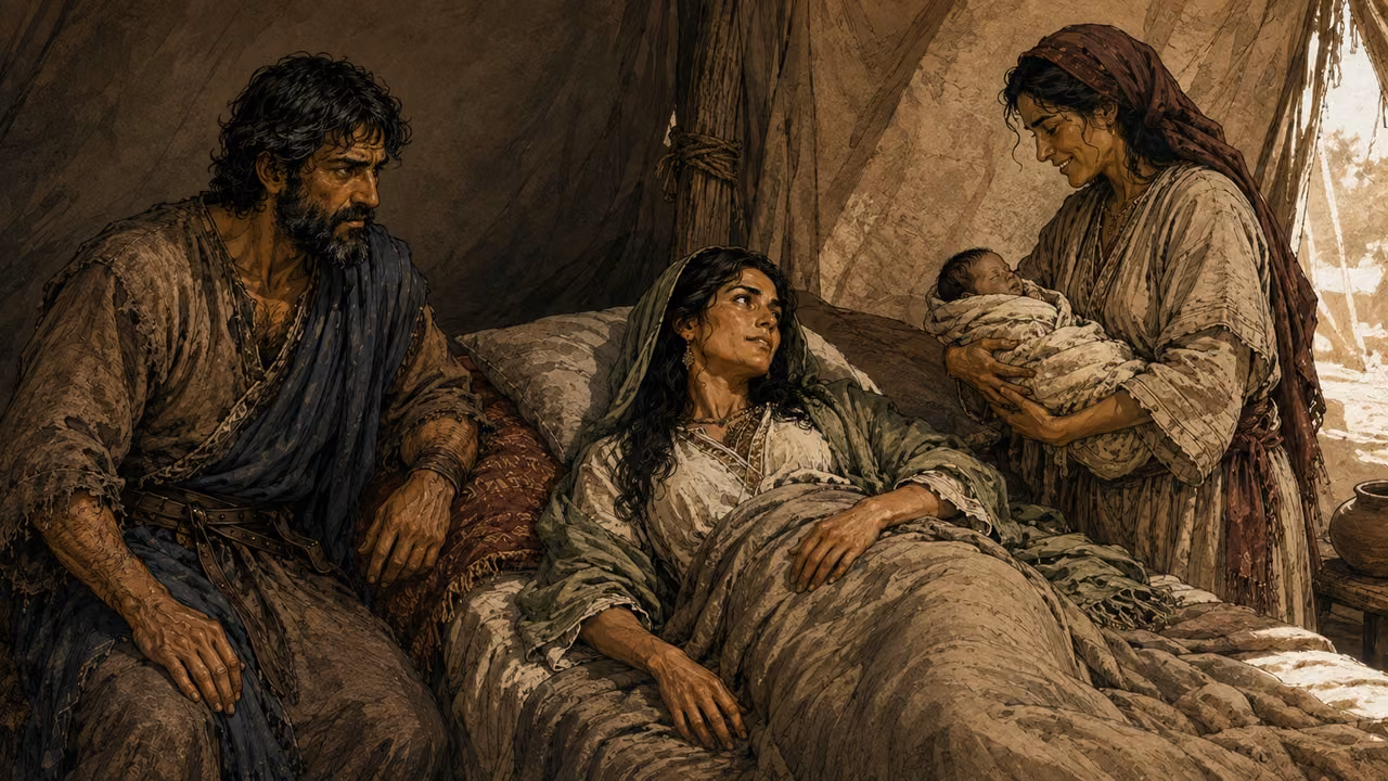 Rachel resting exhausted on a covered bed after childbirth, a helper holding swaddled Benjamin, no graphic medical details.