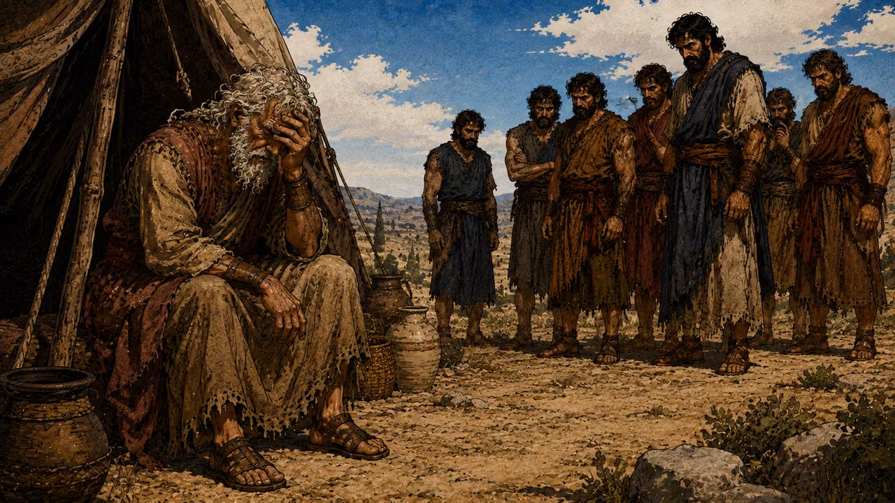 Elderly Jacob hears grave household news and sits distressed outside a quiet tent, adult family members at a respectful distance. Reuben and Bilhah incident represented ONLY by its aftermath in Israel's reaction; no sexual act or embrace.