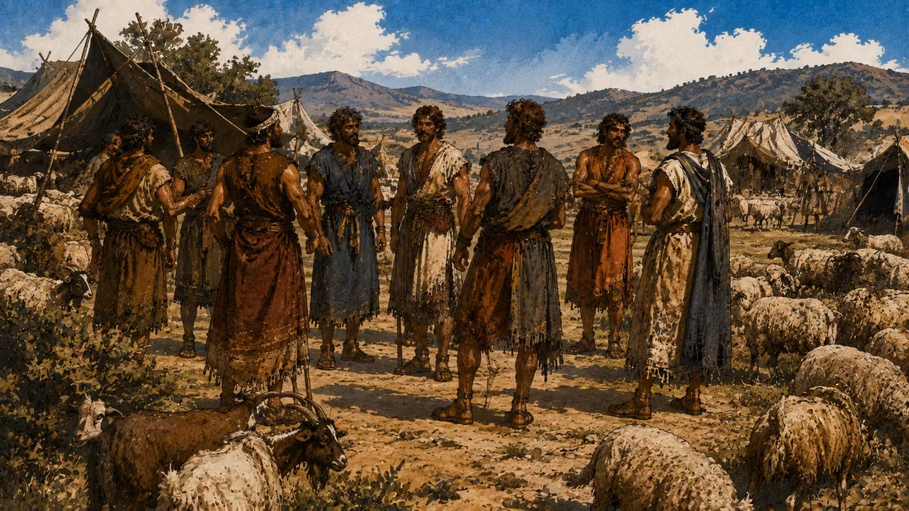 Disclosed family-list visual essay: an ancient extended pastoral household seen from a distance, grouped adult sons outside tents with flocks. Do not invent a simultaneous portrait lineup or inscriptions. Context for the listed sons, not a funeral.