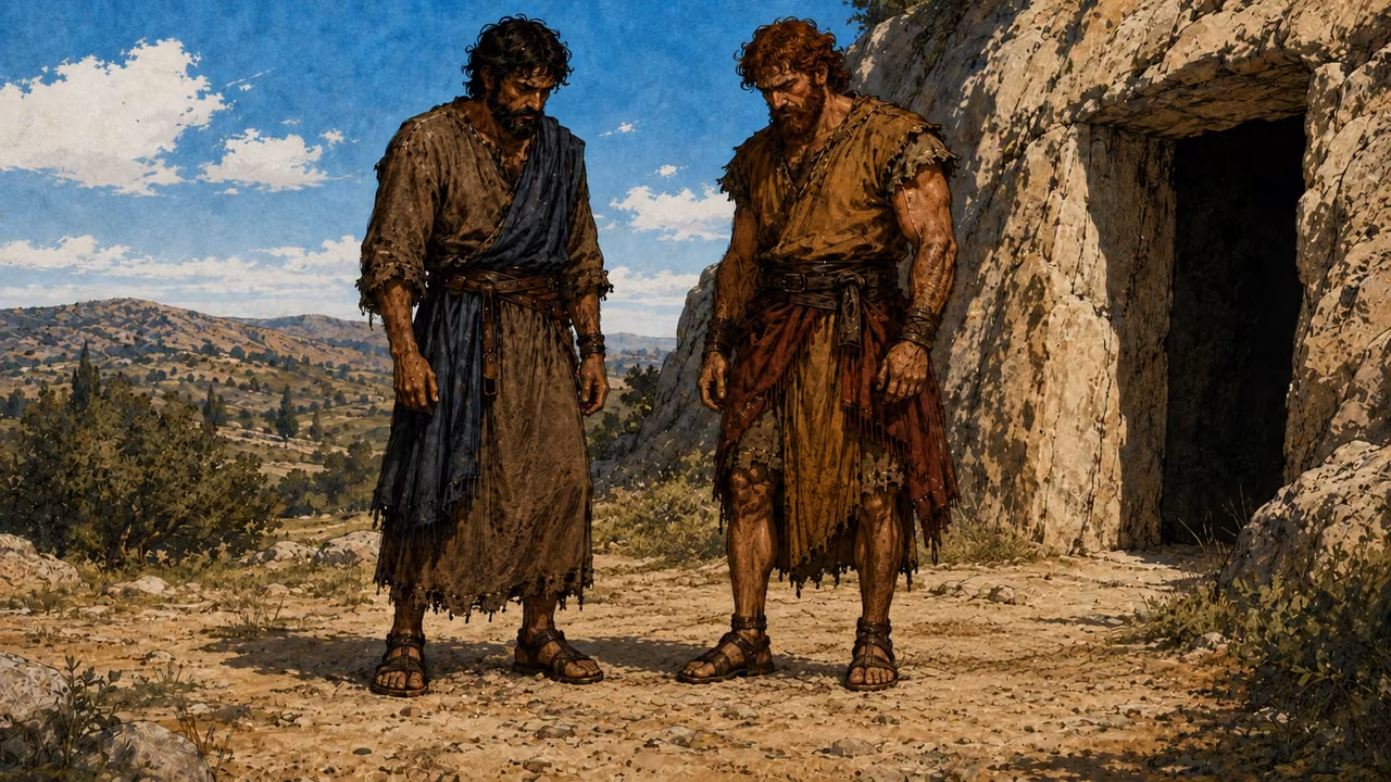 Jacob and Esau together at Isaac's burial.