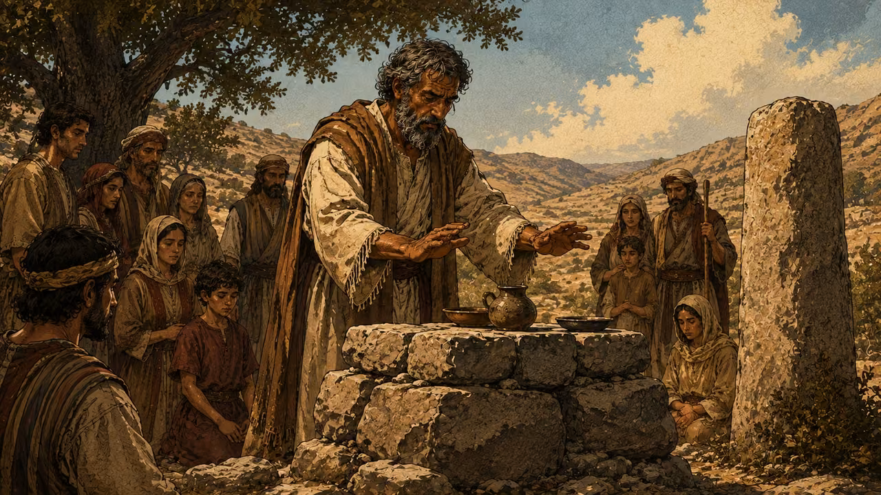 Older Jacob beside a stone altar at Bethel with his household gathered reverently. Pale robe and earth-toned mantle, graying hair and beard. No buried idols in this scene, no apparition; reverent covenant renewal.