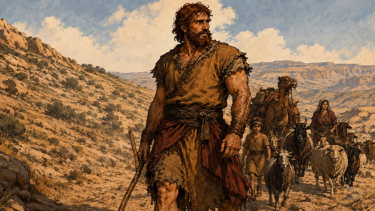 Esau's household moving with livestock toward the hills of Seir.