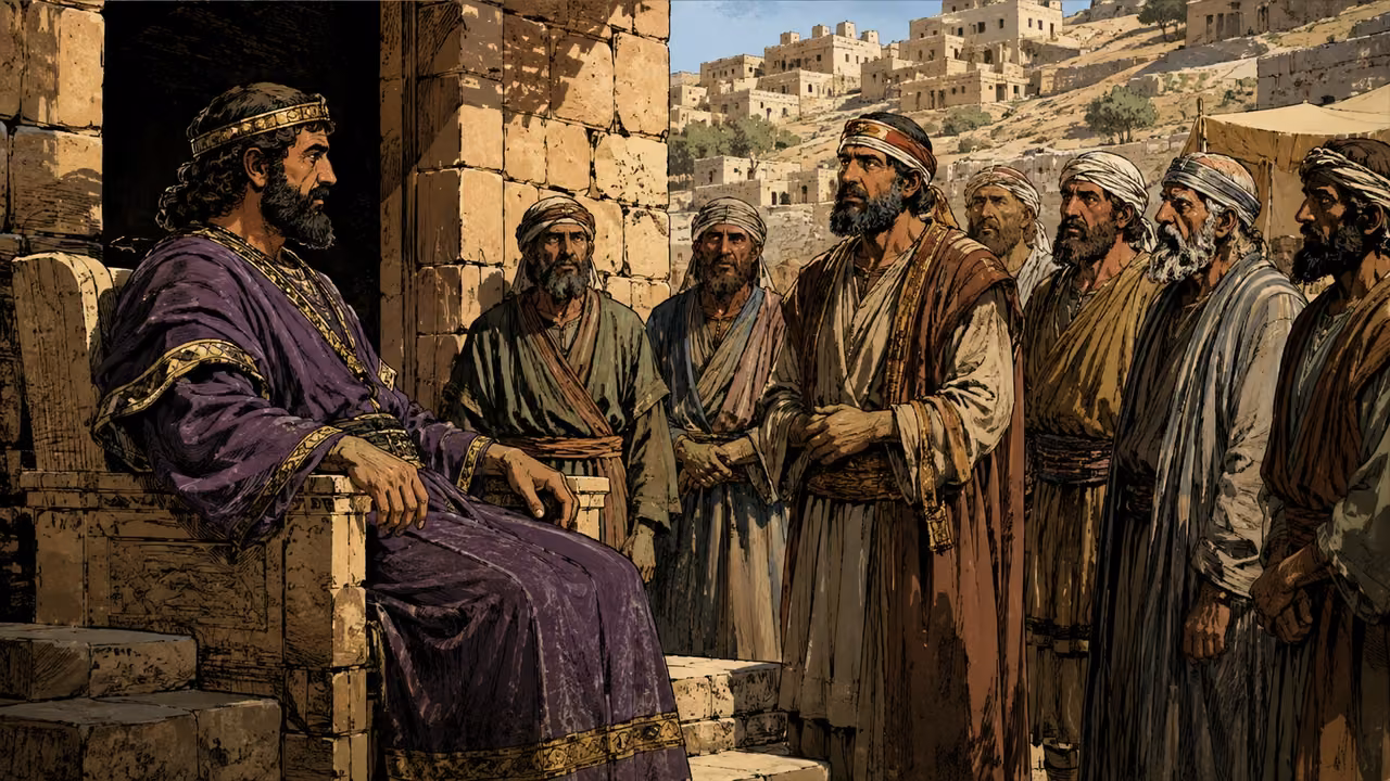 A dignified regional ruler receiving townsmen outside a stone settlement, visual context for the listed kings and chiefs, no invented inscriptions.