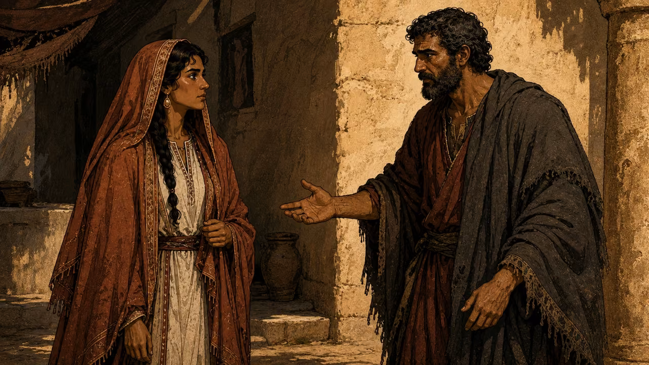 Judah addressing veiled widow Tamar in the household, somber.