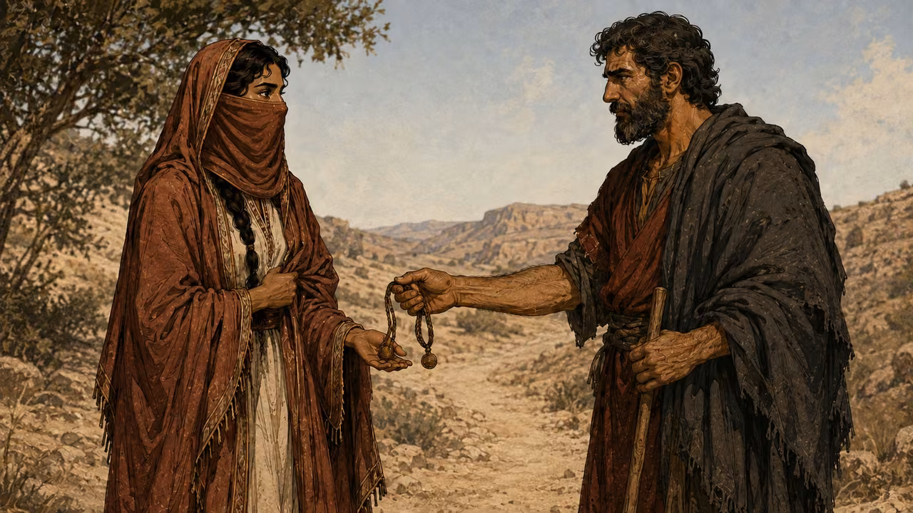 Judah handing a seal, cord and staff to a veiled woman beside the road; no sexual act depicted.