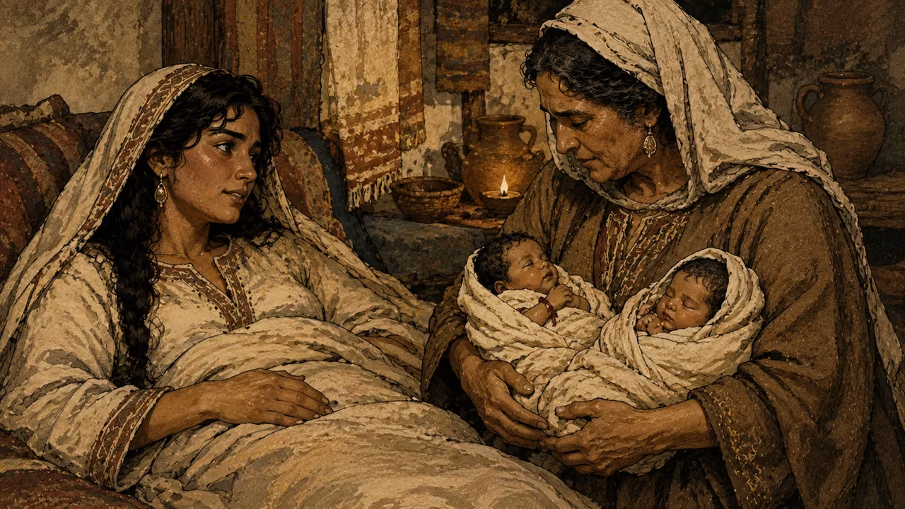 Tamar, adult olive-skinned woman in cream and muted brown, rests modestly covered after birth while a midwife holds two swaddled twin infants, one small wrist bearing a scarlet thread. Quiet dignified domestic scene; no exposed anatomy or medical detail.