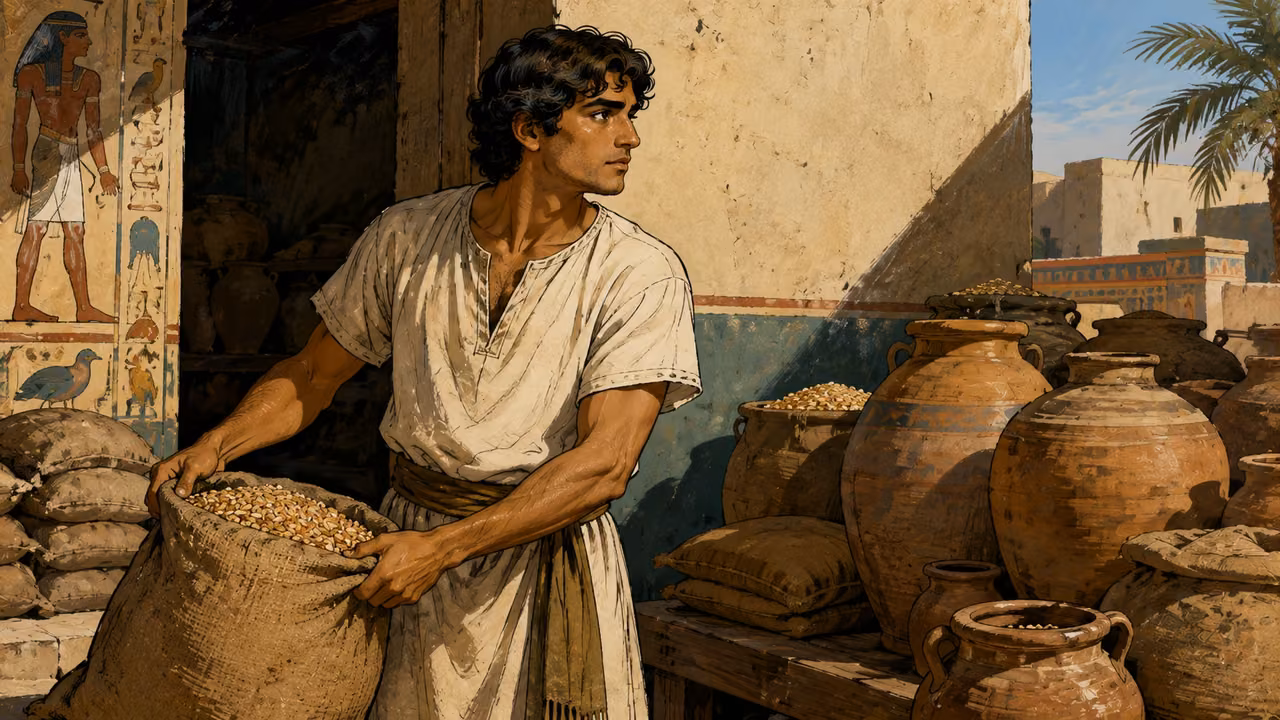 Joseph overseeing provisions in an Egyptian household, plain work tunic and no royal trim.