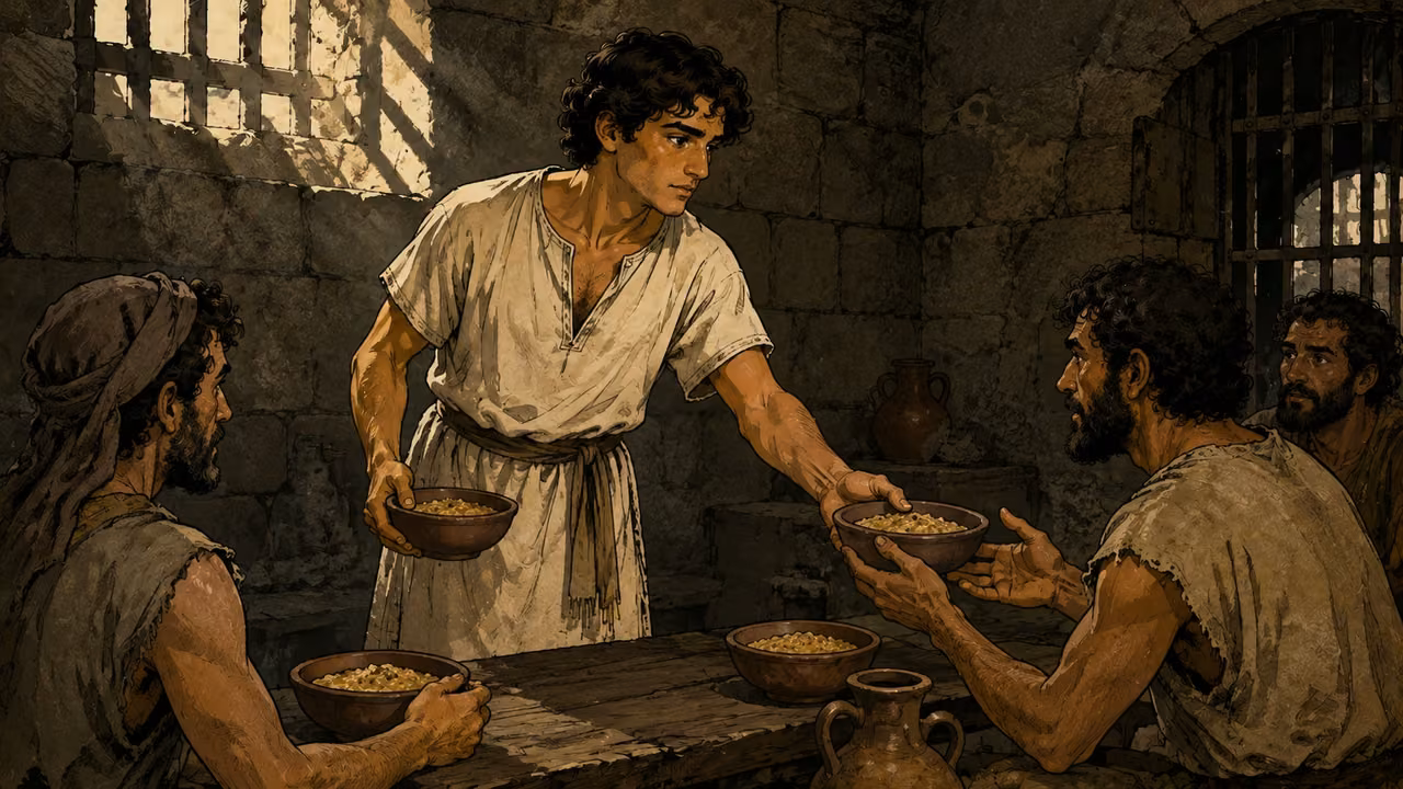 Joseph in a simple prison chamber assisting with orderly distribution of food, plain worn tunic.