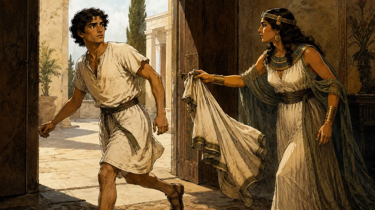 Joseph fleeing through a doorway while a richly dressed adult woman holds his abandoned outer garment; modest under-tunic remains on him.