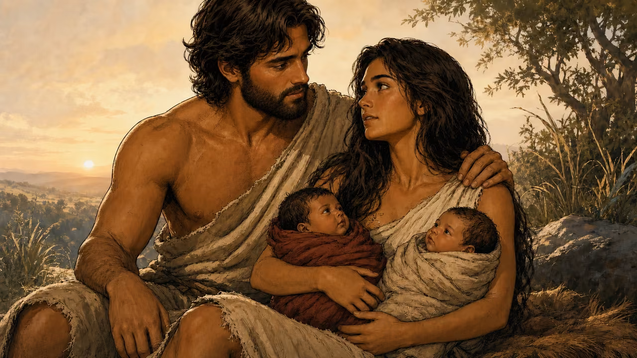 Graphic-novel family portrait of bearded Adam and Eve with two distinct newborn sons, Cain in rust and Abel in cream.