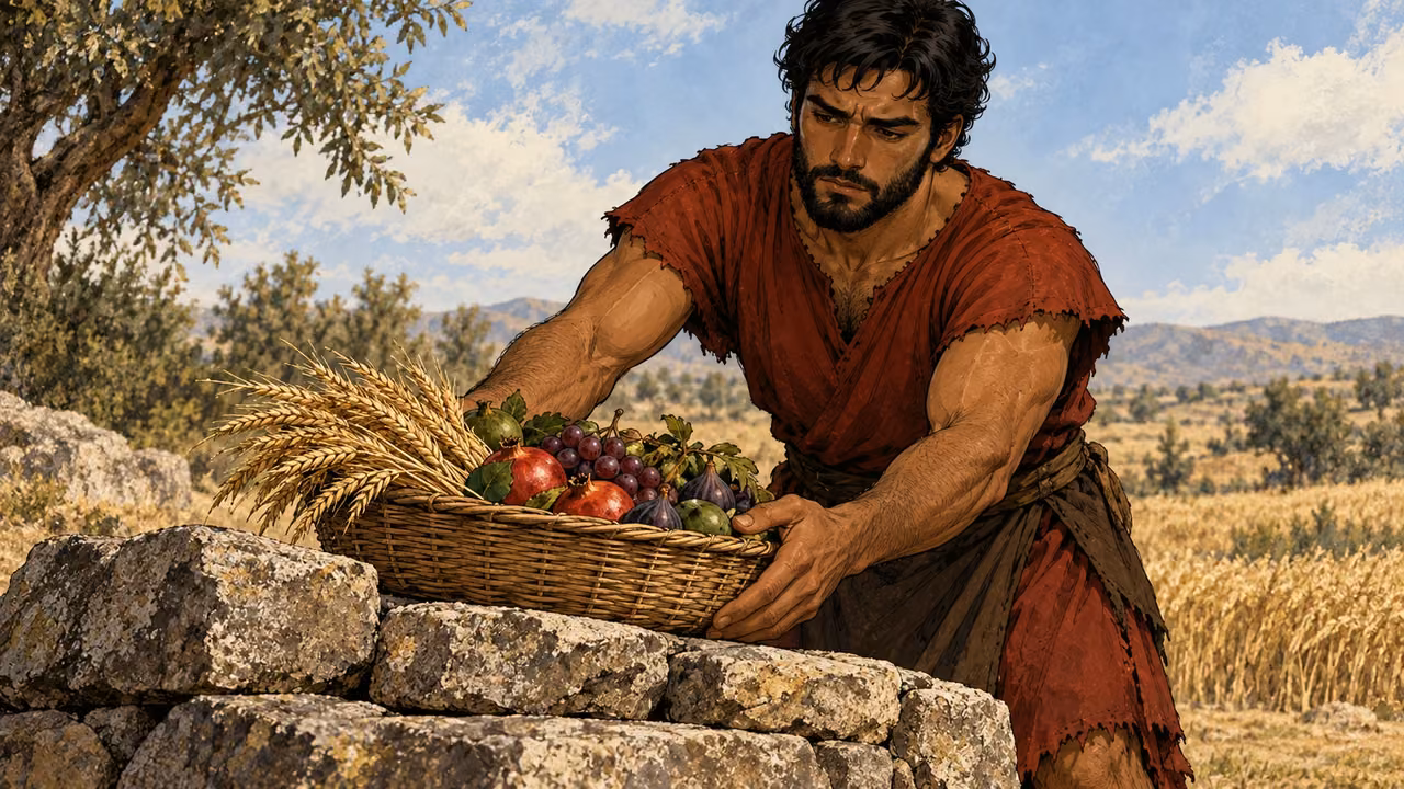 Cain presents a woven basket of cultivated grain and fruit beside rough stones.
