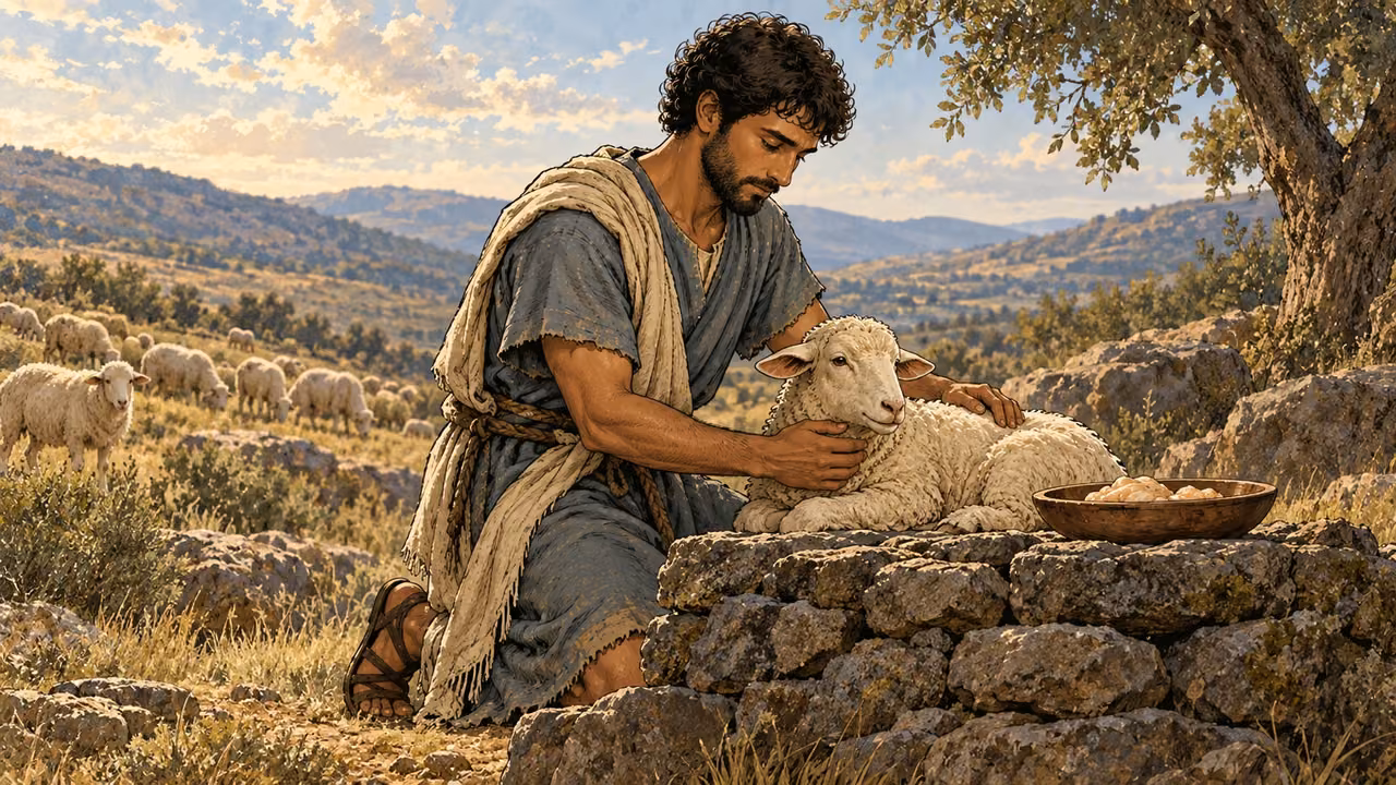 Abel kneels beside a firstborn lamb and a bowl representing fat portions.