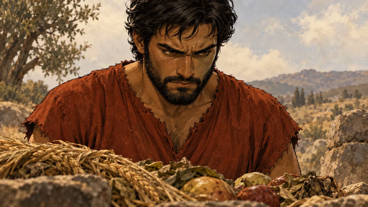 Cain lowers his face in anger beside his rejected produce.