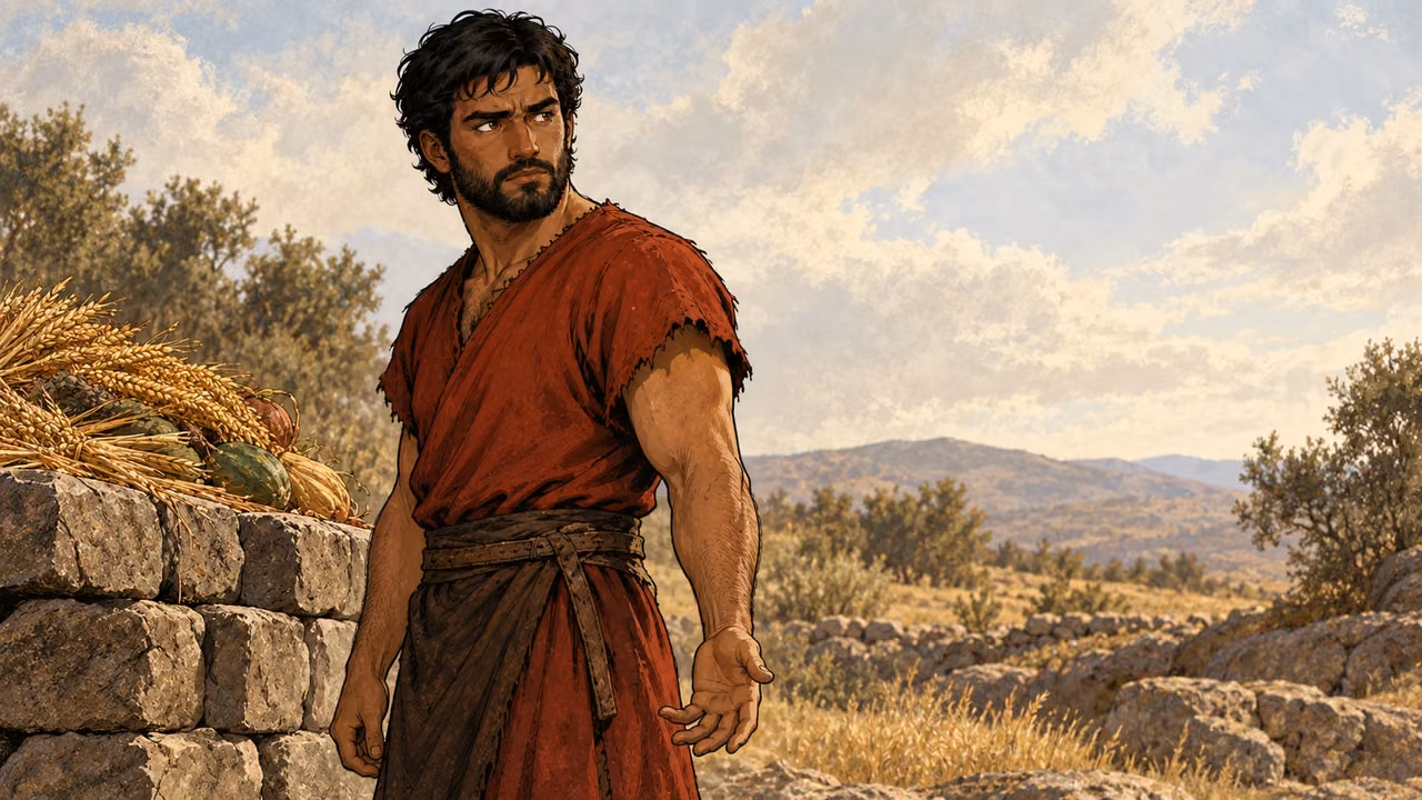 Cain turns guardedly toward an unseen question beside his offering.