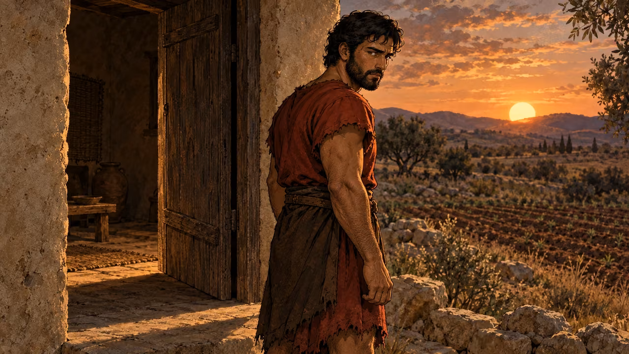 Cain stands at a doorway; the threshold is an interpretive image for the warning about sin.