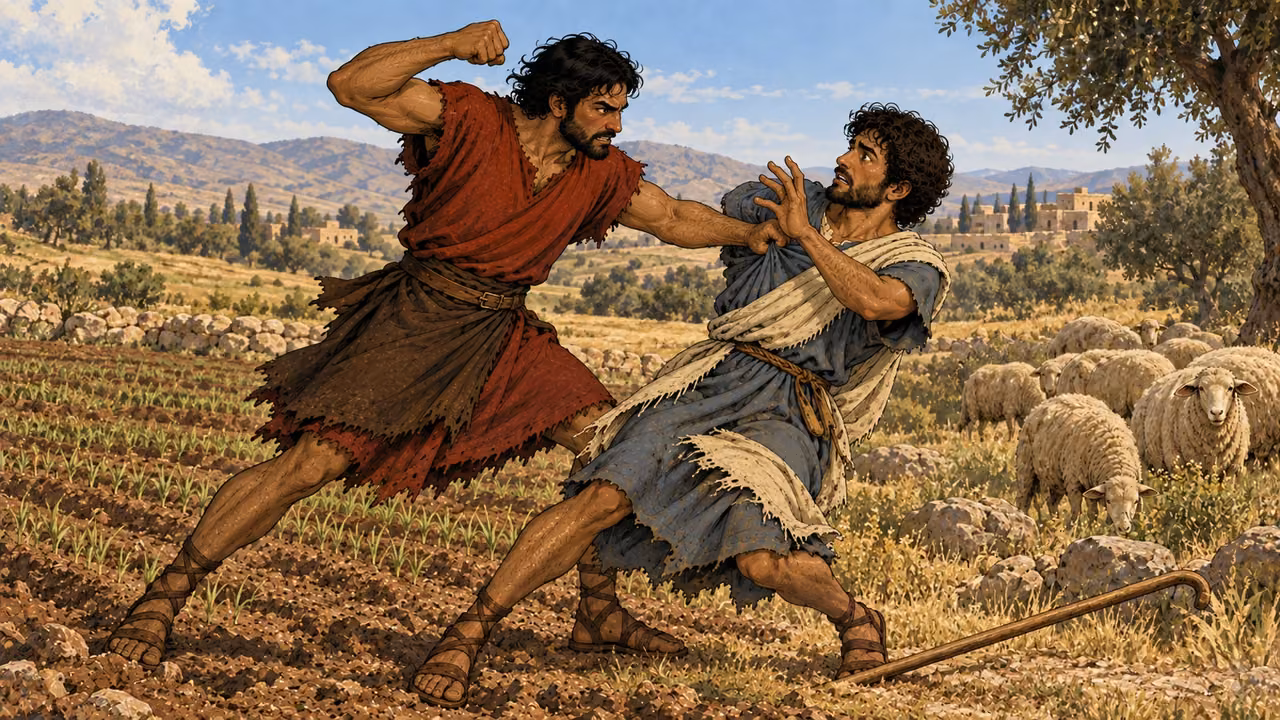 Cain grips Abel's tunic and raises his fist as Abel recoils and lifts a defensive hand.